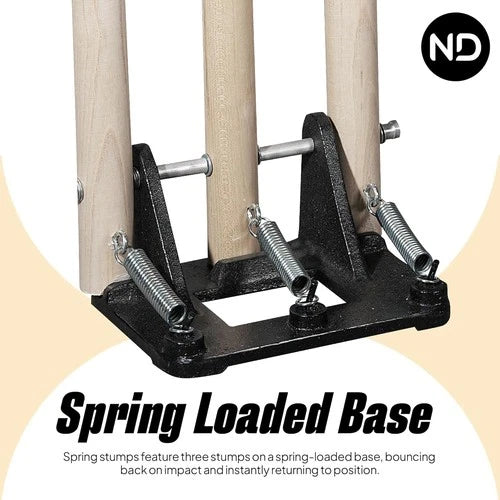 ND Wooden Cricket Stumps Wickets & Bails Spring Return Back Metal Base