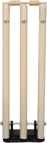 ND Wooden Cricket Stumps Wickets & Bails Spring Return Back Metal Base