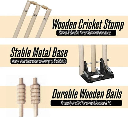 ND Wooden Cricket Stumps Wickets & Bails Spring Return Back Metal Base