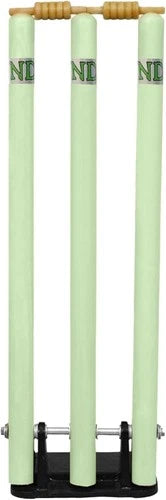 ND Wooden Cricket Stumps Wickets & Bails Spring Return Back Metal Base