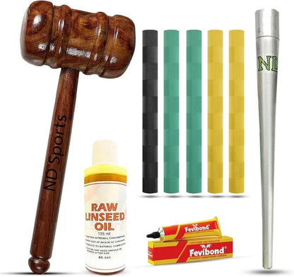 ND Sports Cricket Bat Knocking Maintenance Kit - Mallet, Oil, Cone, 2x Grip, Toe