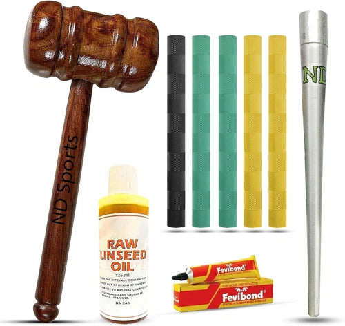 ND Sports Cricket Bat Knocking Maintenance Kit - Mallet, Oil, Cone, 2x Grip, Toe